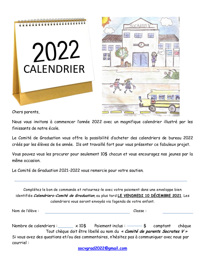 Calendrier 2022 – Comité de Graduation Socrates V